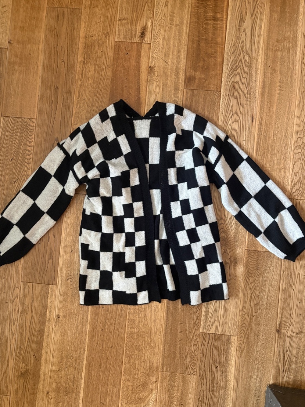 Black & White Checker Knit Cardigan Sweater - Women